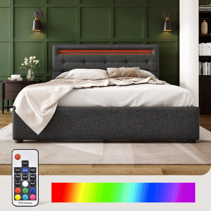 Polsterbett 140x200 cm mit LED-Beleuchtung und 4 Schubladen – inkl. Matratze, Leinenbezug in Grau – Bild 2