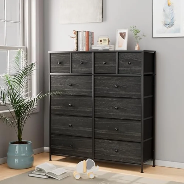 Clevich Stoff-Kommode, Schminktisch Schrank, Aufbewahrungsschrank, 12 Schubladen aus Stoff, Metallrahmen, industrieller Stil, für Wohnzimmer, Flur, Schlafzimmer (Schwarz) – Bild 7