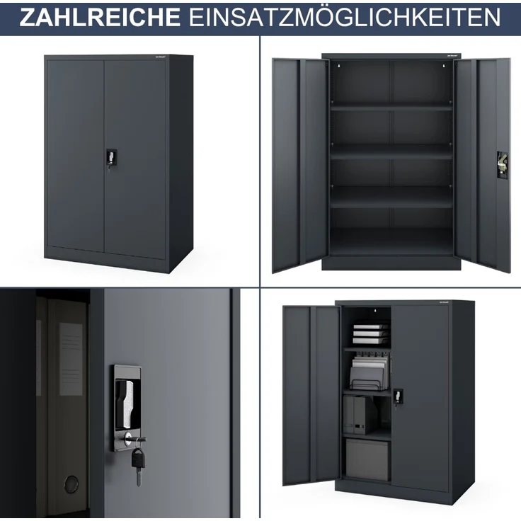 Aktenschrank abschließbar KADO - 4 Ebenen verstellbar, Flügeltüren | Metallschrank Werkstatt Mehrzweckschrank Büroschrank aus Stahl Werkzeugschrank, 140 x 90 x 60 cm Anthrazit – Bild 6