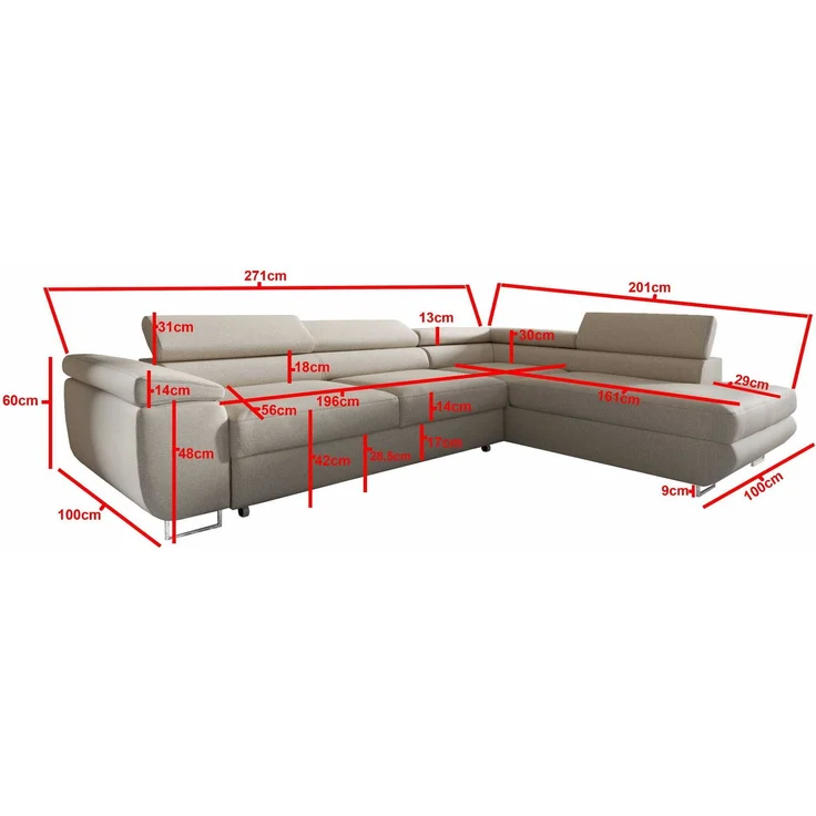 Ecksofa in L-Form AVESTA, L-förmige Eckcouch mit Schlaffunktion, ausziehbares Sofa, 1 Bettzeugbehälter, verstellbare Kopfstützen, (Kronos 17), 72x201 cm – Bild 5