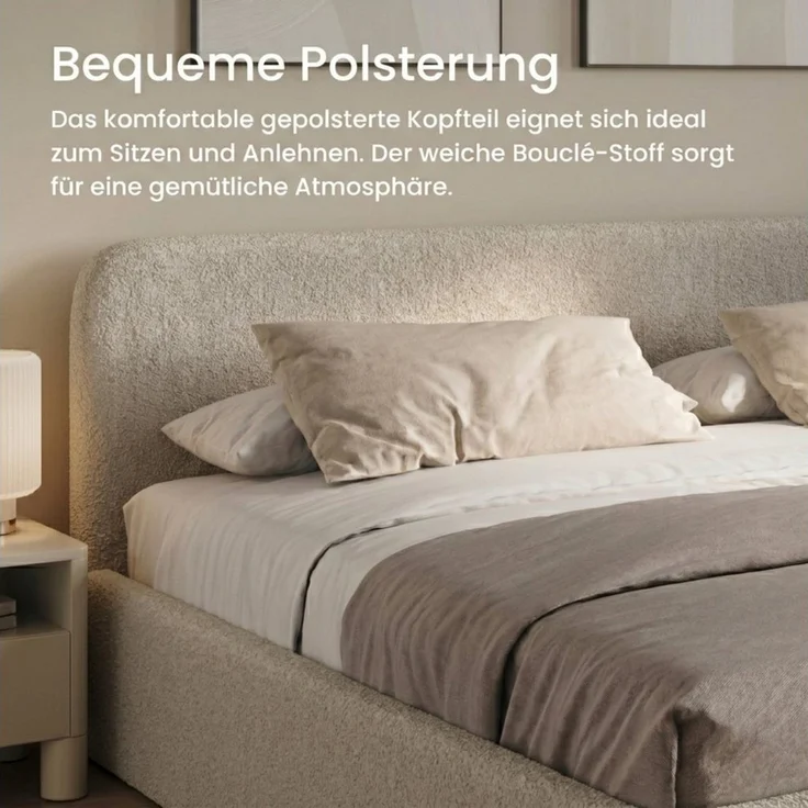 Home Collective Polsterbett Bett mit Stauraum, verstellbarem Lattenrost, viele Größen (Größen: 100x200 120x200 140x200 160x200 180x200 200x200, trendiger Bouclé-Stoff, made in Germany), wählbare Matratze Federkern oder Kaltschaum Creme – Bild 4