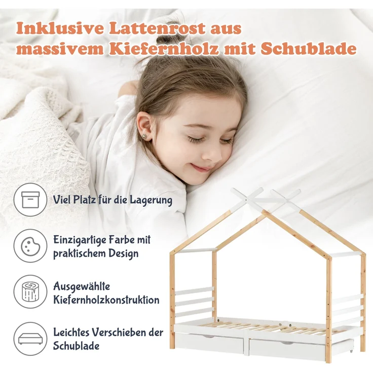 Bett 90x200 cm Hausbett aus Kiefernholz mit Schubladen – platzsparendes Kinderbett in Weiß – Bild 3