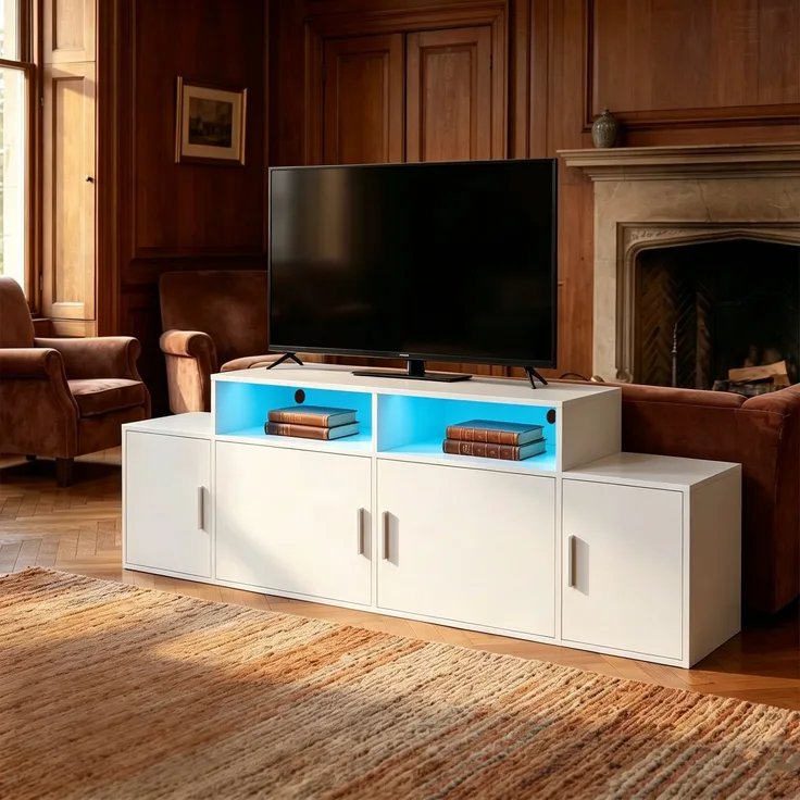 Halupeit Weißer TV-Ständer mit vier Schränken und zwei offenen Regalfächern, verstellbarer LED-Beleuchtung, 160,5 cm × 35,5 cm × 56,5 cm