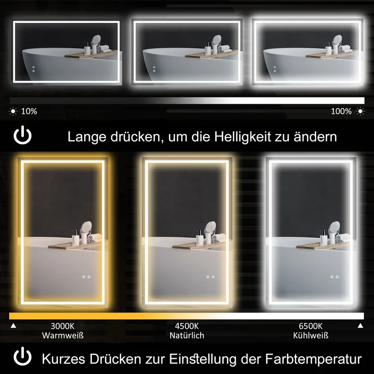 MELAYR, LED-Badezimmerspiegel, einstellbare Helligkeit, Antibeschlag-Funktion, wasserfest, 100 x 60 x 3 cm, Silber – Bild 6