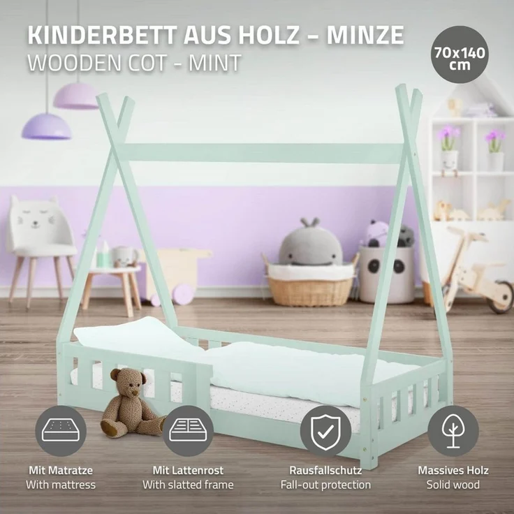 ML-DESIGN Spielbett Hausbett Tipi Zeltbett inkl. Lattenrost Bodenbett Kinder Himmelbett, Abenteuerbett mit Rausfallschutz Zelt Bett Kiefer Mint Kinderhaus – Bild 2