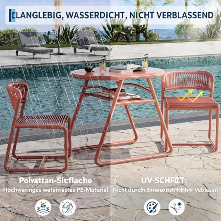 GarveeHome Bistrotisch mit 2 Stühlen, Modernes 3-teiliges Bistro-Set für Garten, Balkonmöbel Set mit 80cm Tisch&2 Stühle aus wetterfestem, Terrassenmöbel Möbel Set für Kleinen Balkon（Orange） – Bild 5