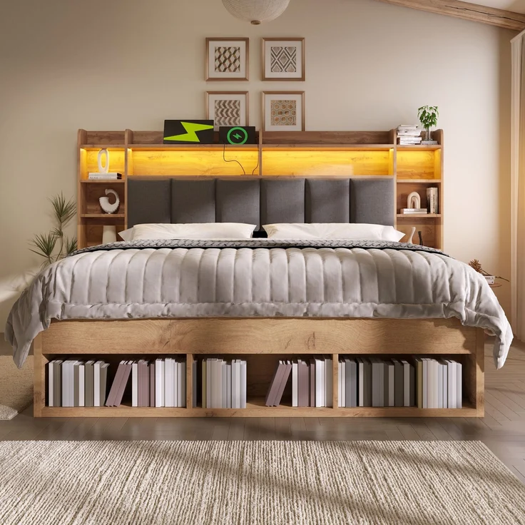 Merax 180x200 cm Doppelbett, Polsterkopfteil mit LED-Beleuchtung, Nachttische mit USB- und Type-C-Anschlüssen, Stauraum und Rollschubladen, Lattenrost aus Holz, Eichefarbe – Bild 3