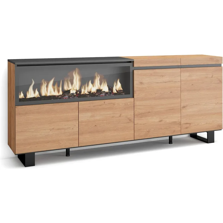 Skraut Home | Sideboard, Highboard | Kommode, Komodenschrank | 210 | 4 Türen | Elektrokamin XXL | Industriedesign | Moderner Stil | Eiche