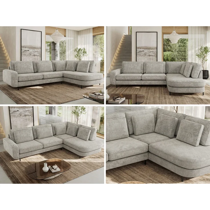 CALENO L-Form Ecksofa 317x225 cm, Massivholz-Rahmen & Wellenfedern, Sitzhöhe 51 cm, modernes Polstersofa rückenecht bezogen & freistehend - Hellgrau Schenille grob gewebt - Rechts Seite – Bild 2