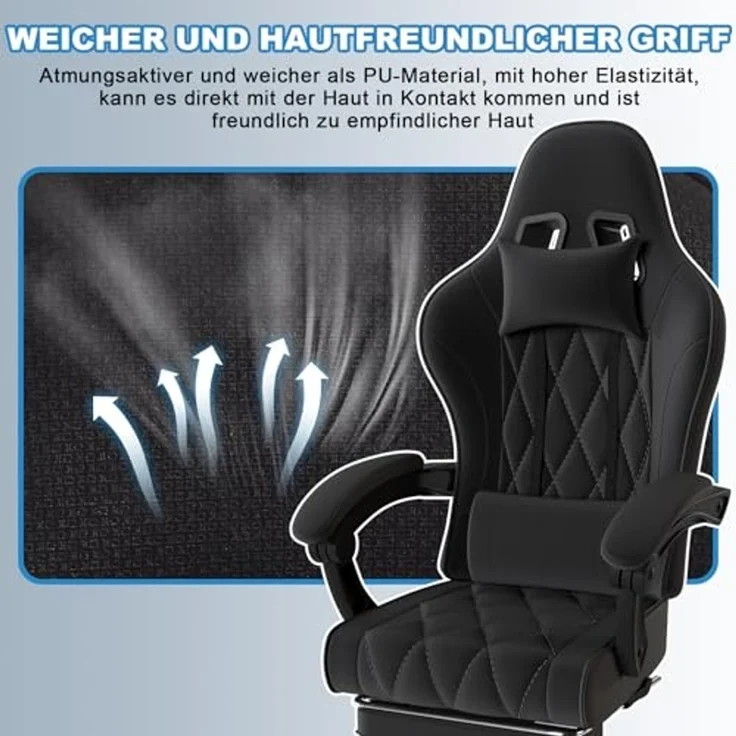 JUMMICO Gaming Stuhl Stoff mit Federpolsterung, Ergonomischer Bürostuhl mit Massager. Gaming Chair mit Kopfstütze, Fußstütze, Höhenverstellbar. Gamer Stuhl 150 kg belastbarkeit, Schwarz – Bild 6
