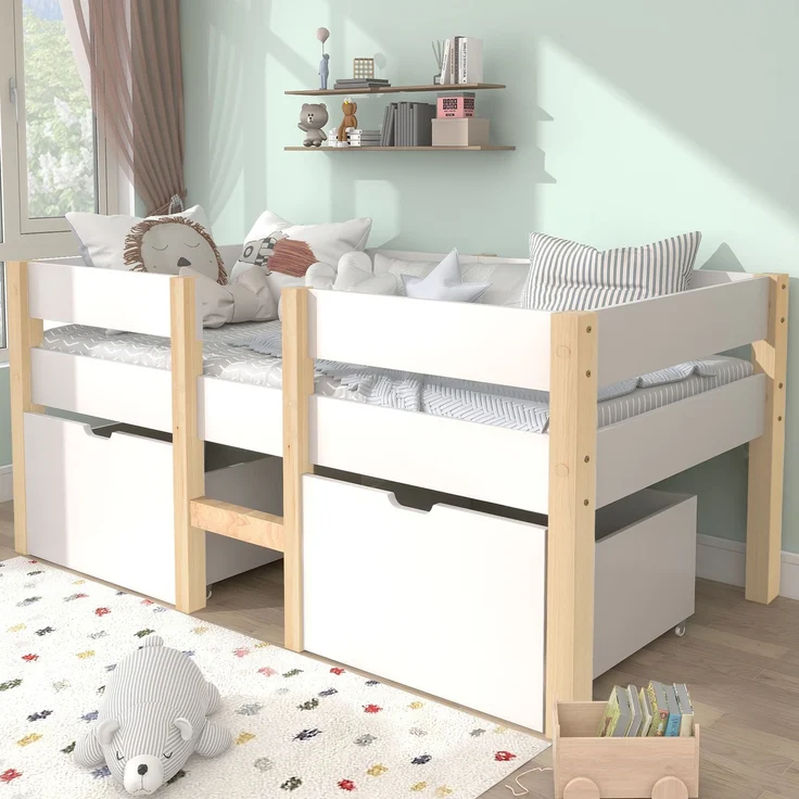 Bett Kinderbett mit Schublade und Rausfallschutz, Kiefer-Vollholz-90x200 cm-Weiß & Eiche – Bild 1