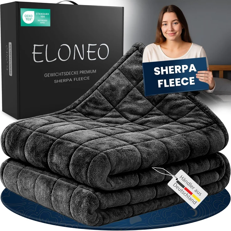 ELONEO Sherpa Fleece Gewichtsdecke 155x220cm 7kg, Oeko-Tex Zertifiziert, Entspannungsdecke & Anti-Stress Therapiedecke, schwere Decke zum Schlafen, schwarz – Bild 1