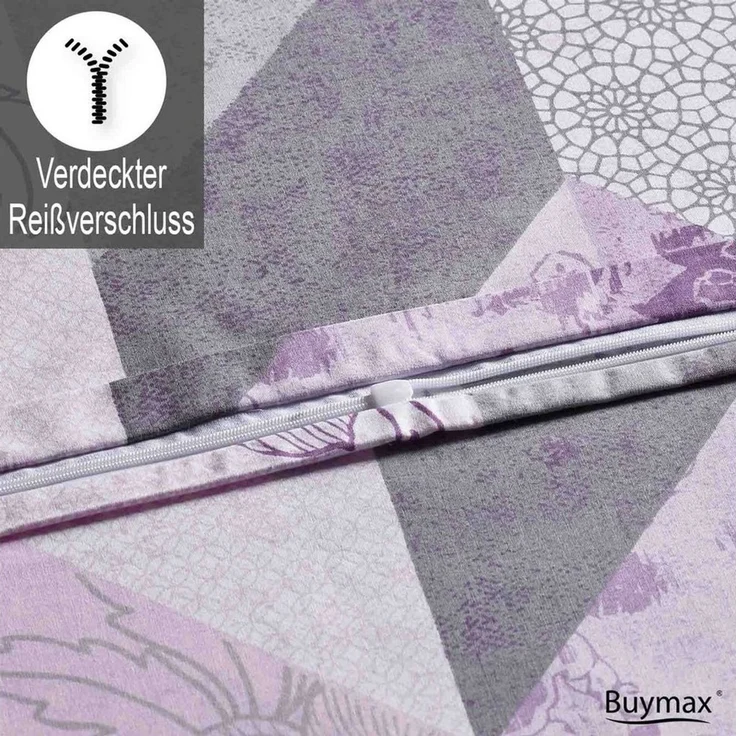 Buymax Bettwäsche Eldora, Renforcé: 100% Baumwolle, 2 teilig, 135x200 cm Kissenbezug 80x80, Reißverschluss Bettwäsche-Set, Lila Grau – Bild 4