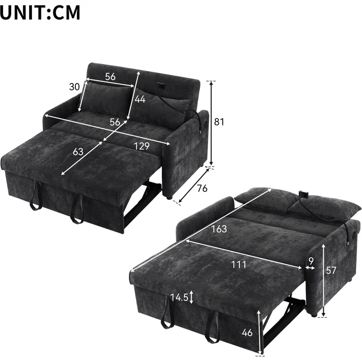Ausziehbares Schlafsofa 2-Sitzer mit USB-Anschluss & verstellbarer Rückenlehne mit Kissen und Stauraumtaschen,multifunktionales,Grau – Bild 8