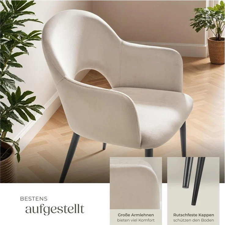 tectake Esszimmerstuhl Armlehnstuhl (2er Set, 2 St), in Samtoptik & gepolstert – Bild 3