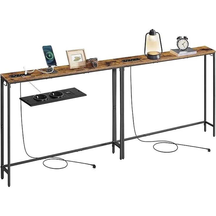 VASAGLE Konsolentisch 2er Set, mit Ladestation, schmaler Sofatisch, Flurtisch, 15 x 100 x 80 cm, mit 2 Haken, einfache Montage, für Flur, Wohnzimmer, vintagebraun-tintenschwarz – Bild 1