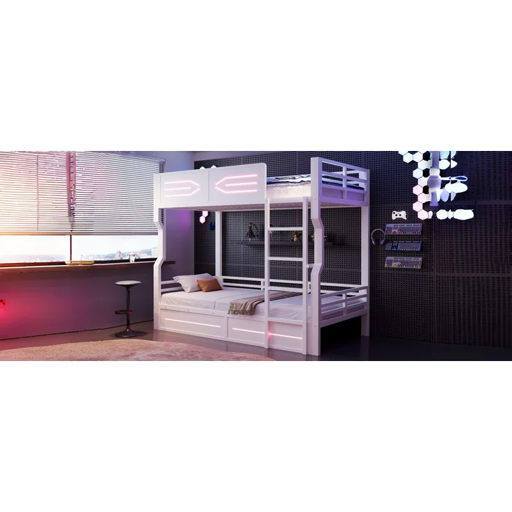 ZUBALIYA Etagenbett 90 × 200 cm, Metall, LED-Beleuchtung, Weiß – Bild 15