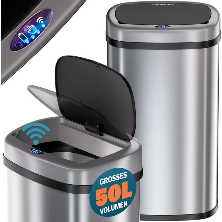 monzana Mülleimer, 50 L Automatik Sensor Mülleimer LED Display Müllbehälter berührungslos