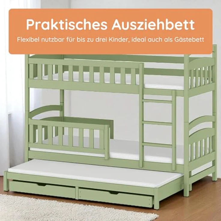 Kids Collective Etagenbett Hochbett Stockbett Kinderbett 90x200 cm mit Ausziehbett und Schubladen (mit drei Matratzen inklusive), Umbaubar zu 3 Einzelbetten mit Lattenrosten & Rausfallschutz, Olivgrün – Bild 7