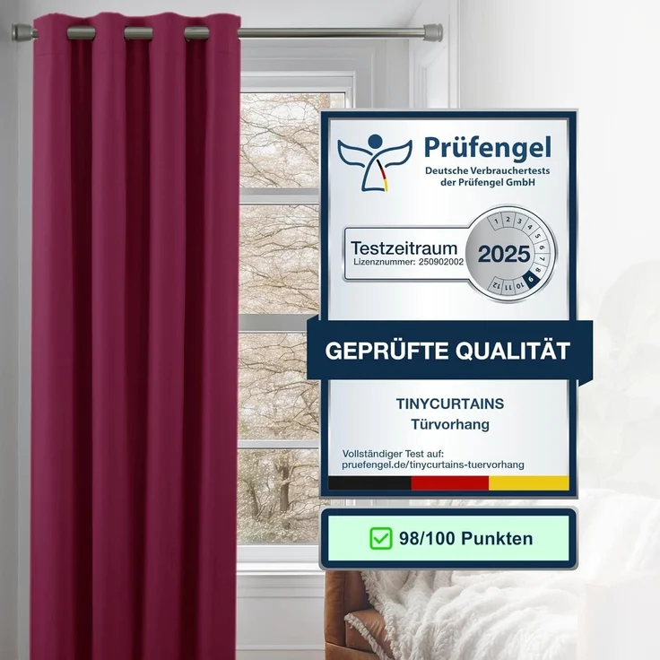 tinycurtains Türvorhang mit Stange silber 55-90 cm ohne Bohren, Thermo Vorhang mit Magneten, Ösen, abdunkelnd, Polyester, blickdicht, bordeaux rot Berry, Türgardine mit Klemmstange verdunkelnd – Bild 4