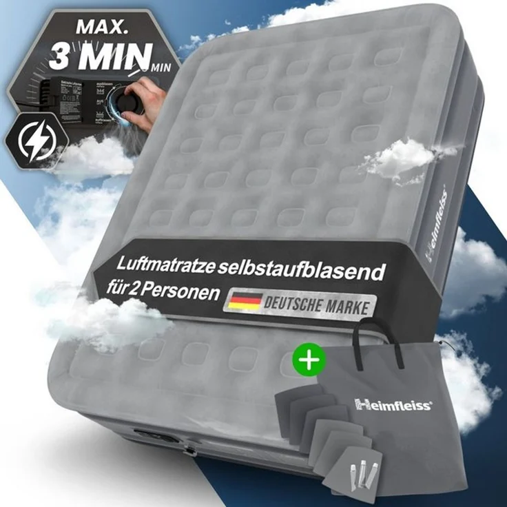 Heimfleiss® Luftmatratze selbstaufblasend 150x200 cm | Premium Luftbett 2 Personen | Schnell Aufblasbare Matratze ideal nutzbar als Gästebett & Camping Bett | Selbstaufblasbare Gästematratze mit Pumpe – Bild 4