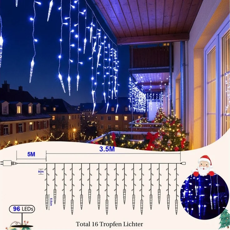 SERBASIC Lichterkette LED Eisregen Lichtervorhang, Timer, 8 Modi, Anschließbar, 31V, Lichtervorhang für Weihnachten Außen Terrasse – Bild 4