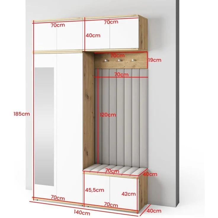 Garderoben-Set Aura Version 9: Kleiderschrank mit Polsterpaneelen, Schuhschrank Flur und Eingangsbereich (weiß/Artisan-Eiche /Trinity 21), 225 x 40 x 140 cm – Bild 2
