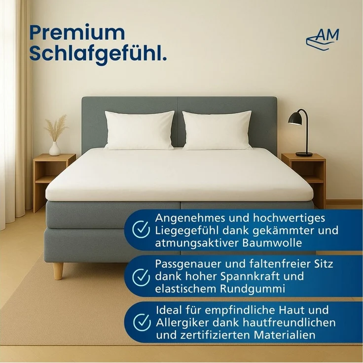 AM Qualitätsmatratzen Spannbettlaken Baumwolle in weiß, Bettlaken für Topper, Made in Germany, Baumwolle, Gummizug: rundum, (1 Stück), 90x200x12 – Bild 1