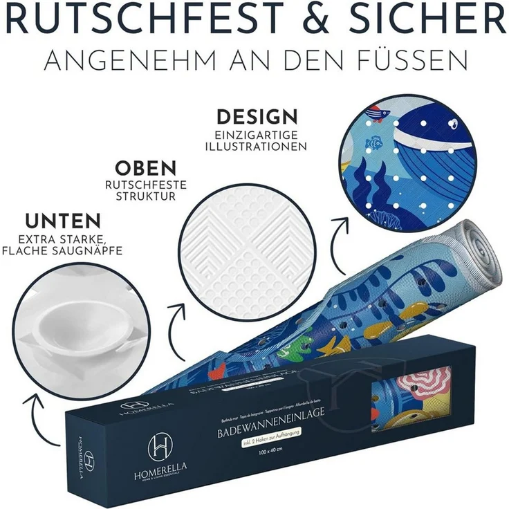 Homerella Badematte rutschfest Kinder - 100% BPA frei Inkl. 2 Haken zum Aufhängen 100x40cm, Antirutschmatte Badewanne Baby hautsensitiv & schimmelresistent, Badewannenmatte rutschfest & waschbar – Bild 4
