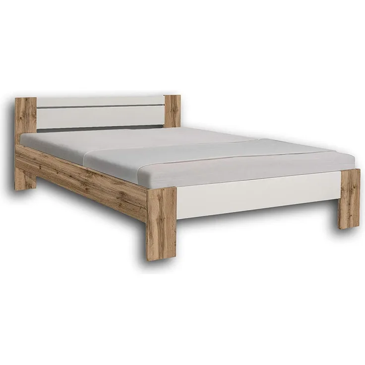 Stella Trading Vega Stilvolles Futonbett 140x200 cm - Komfortables Jugendzimmer Doppelbett in Wildeiche Optik, weiß - 145 x 61 x 204 cm (B/H/T)
