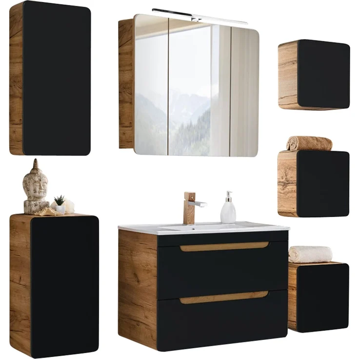 Badmöbel Komplettset in seidenmatt anthrazit mit Wotan Eiche Nb. NEW-LUTON mit 81 cm Keramik-Waschtisch & LED-Spiegelschrank, B/H/T ca. 180/200/46 cm – Bild 10