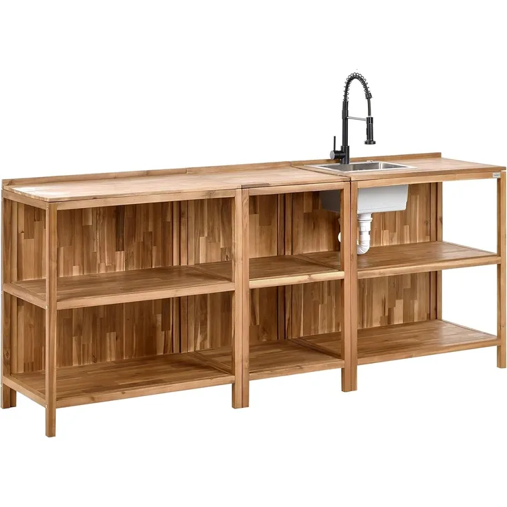 Outdoor-Küche 3er Set mit Spüle VENOSA Akazienholz Braun Schwarz