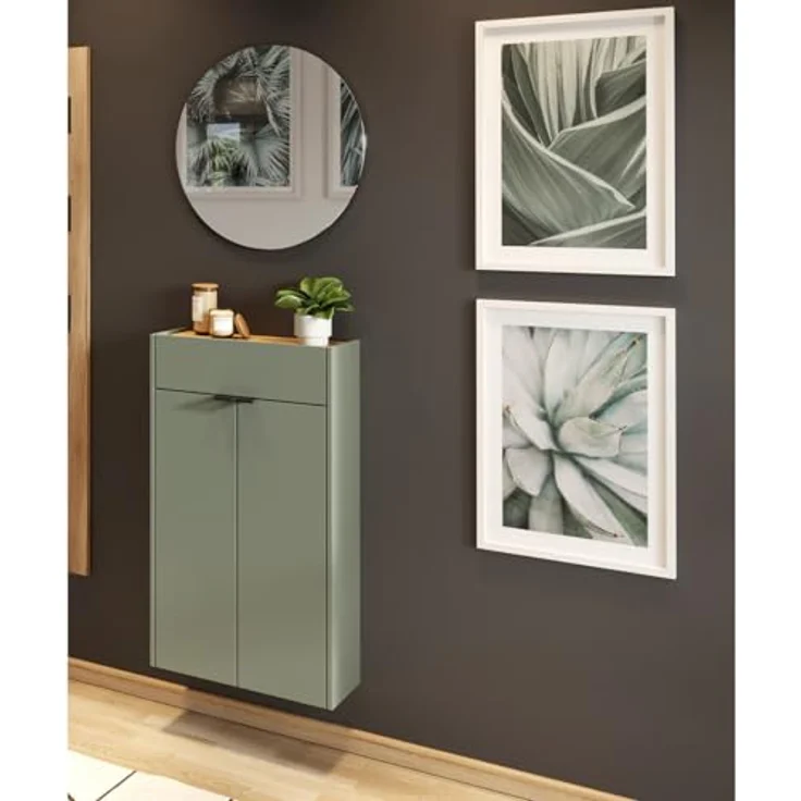 XXXL Garderobe GW-Ameca, 2-teilig in Taupegrün mit Schuhschrank und runden Spiegel, Eiche, Glas, 56x200x22 cm – Bild 2