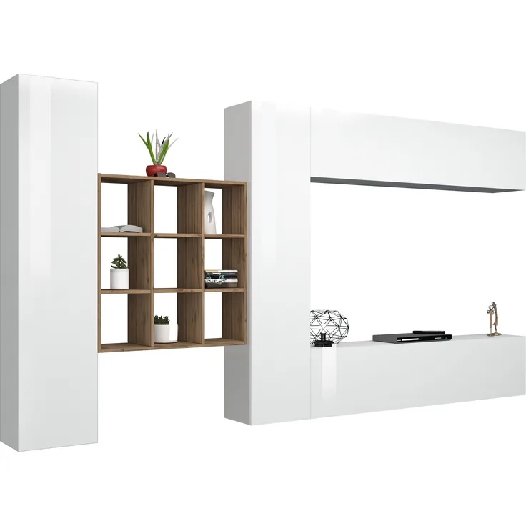 Wohnwand >Benevent< (5-teilig) in Weiß Hochglanz - 350x180x30 (BxHxT)