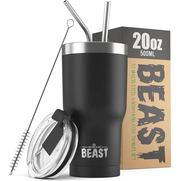 BEAST Edelstahl Becher Vakuumisolierte Tasse Kaffeebecher Doppelwandige Reiseflasche Thermobecher mit Spritzfestem Deckel, Paket mit 2 Strohhalmen, Rohrbürste & Geschenkbox (20oz, Schwarz) – Bild 1