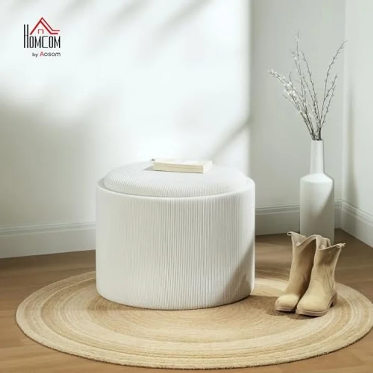 HOMCOM Sitzhocker Runder Hocker mit Stauraum (Polsterhocker in Cordoptik für Wohnzimmer, 1 St, Cremeweiß), Ø56 x 42 cm – Bild 2