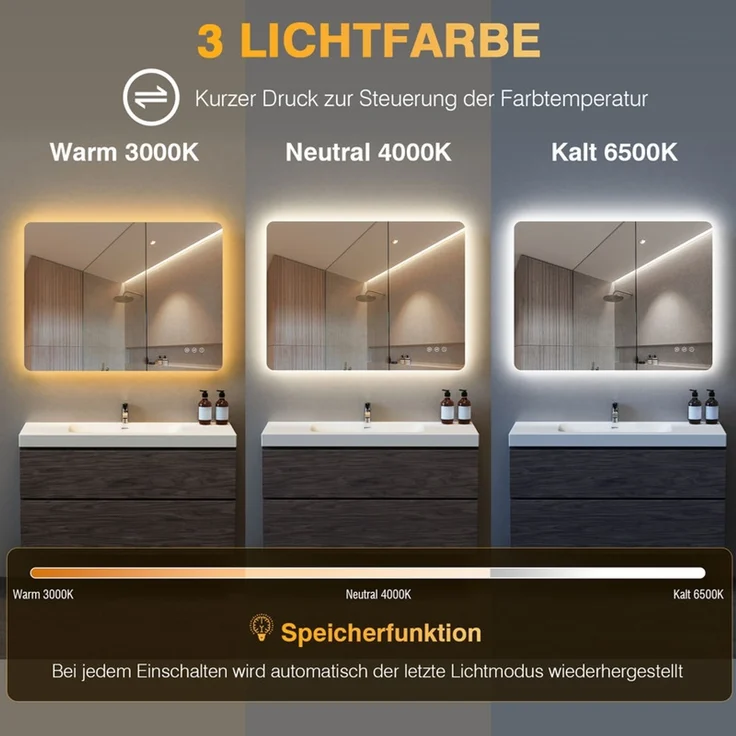 Pesenxan LED Badspiegel 80x60 cm, Badezimmerspiegel mit 3 Lichtfarben, dimmbar, Touch-Schalter & Antibeschlag, IP44, rahmenloses Design, für Badezimmer, Silber – Bild 2