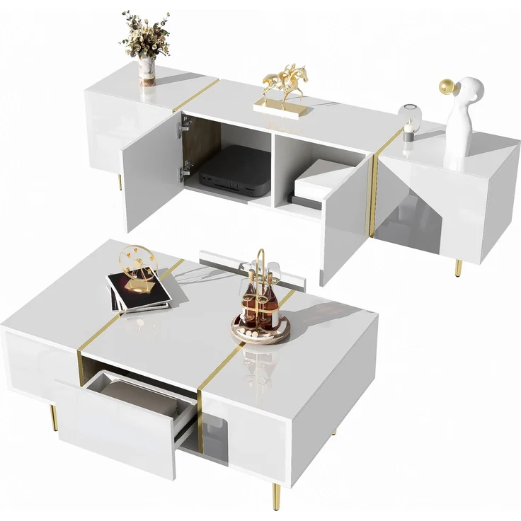 JARDJ Moderner Hochglanz-Weiß TV-Schrank und Couchtisch Set – Bild 7