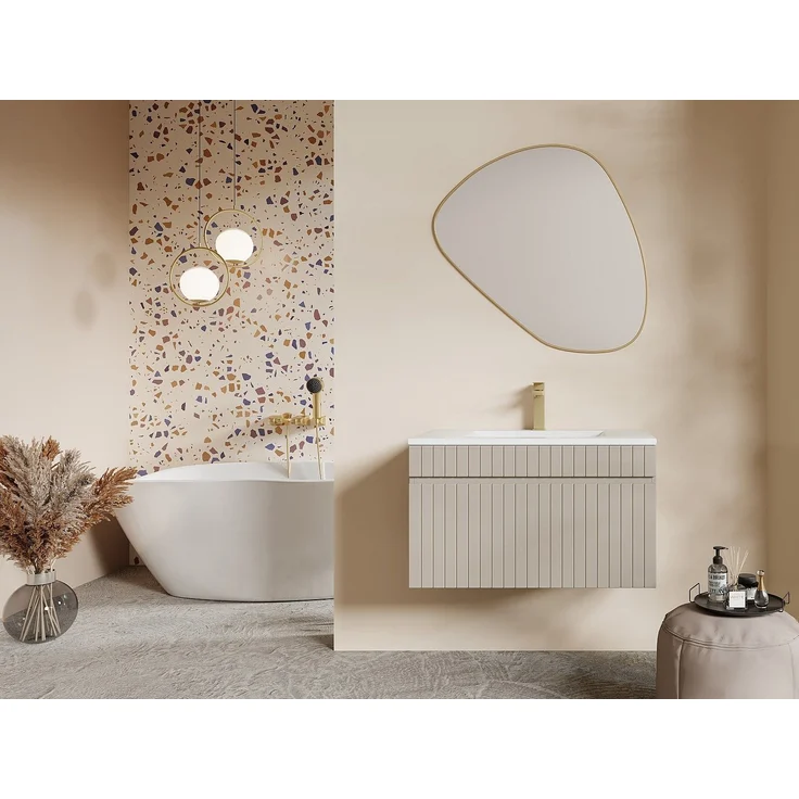 Vente-unique - Hängender Waschbeckenunterschrank - Geriffelt - Beige - mit Einbauwaschbecken - 80 cm - SATARA – Bild 2