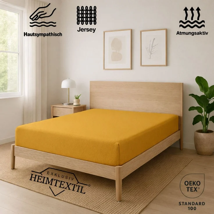 EXKLUSIV HEIMTEXTIL Marke Jersey Spannbettlaken 100 x 200 cm Curry 100% Baumwolle Öko - Tex Zertifiziert Bed-Sheet Bettlaken Spannbetttuch Topper Leinentuch – Bild 2