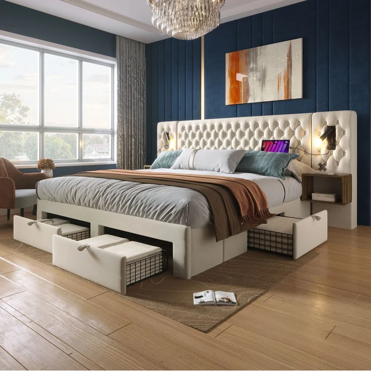 Bettanlage 180x200 cm mit 2 Nachttischen, 4 Schubladen, Leselampen und USB-/Type-C-Ladestation – Beige – Bild 3