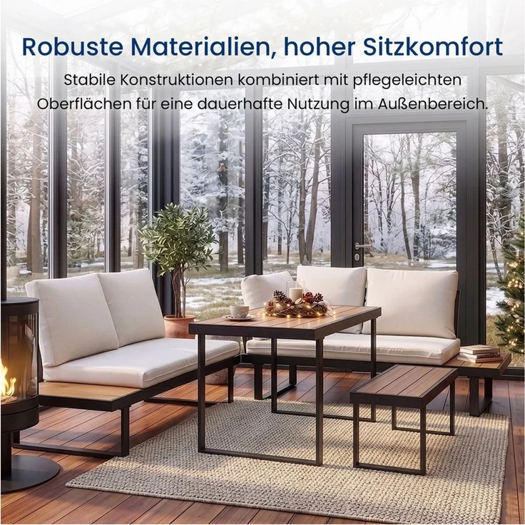 Home Collective Gartenlounge-Set Balkonmöbel Lounge Möbel Outdoor Terrassenmöbel Sitzgruppe mit Tisch, (4-teiliges Set mit Ecksofa, 1 Bank und 1 Tisch 110 cm, inkl. abziehbarer Kissen), robustes Polywood in Eiche/Schwarz, Kissen in beige – Bild 3