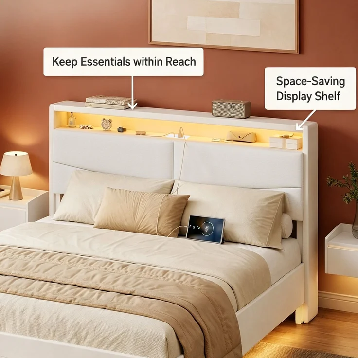 Halupeit Schwebebettgestell aus cremefarbenem Leinen mit integriertem Stauraum am Bett, stimmungsvoller LED-Beleuchtung und integrierter Steckdosenleiste; 210,5 × 146,5 × 110,0 cm – Bild 6