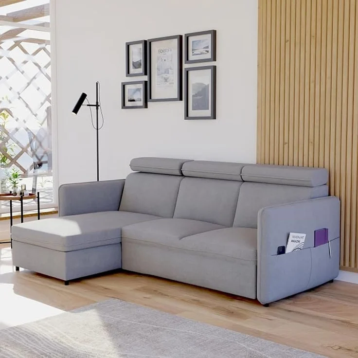 Hellgraues Ecksofa (mit Schlaffunktion und Stauraum), Maße 220 x 160 cm. – Bild 2