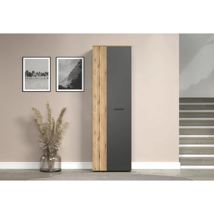 'Esteban' Garderobenschrank / Schuhschrank, Holz, grau und Eiche Evoke, 195 x 36 x 60 cm – Bild 6
