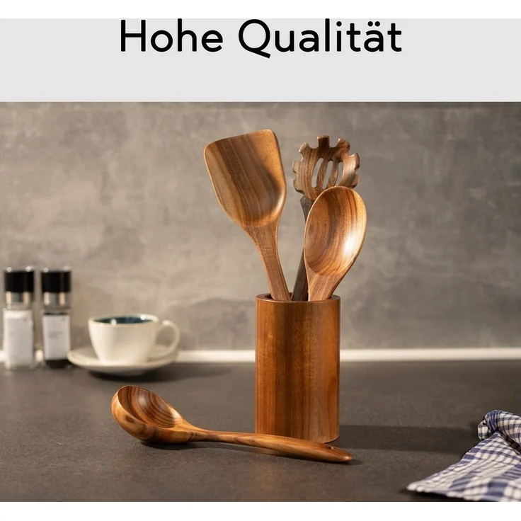 Hanseküche Küchenorganizer-Set Küchenhelfer Set, (Umfassendes Küchenset, 5-tlg, Holzlöffel und Nudelschöpfer, Grillzange, Schneebesen, Pfannenwender), Set aus Holz – Bild 2