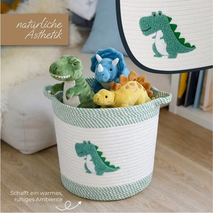HMF Aufbewahrungskorb Aufbewahrungskorb mit verlängerten Griffen, runder Korb, Baumwolle für Kinderzimmer oder Babyzimmer,Dinosaurier, 30,5 x 30,5 cm – Bild 4