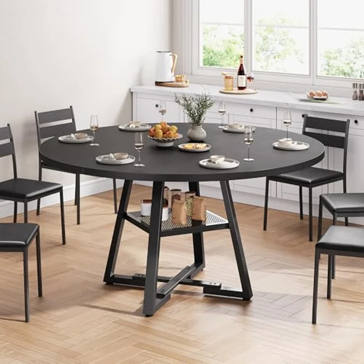 Jocoevol Esstisch Runder für 4-6 Personen, Esszimmertisch mit Ablage, platzsparender Küchentisch aus Holz im Industrial Design (Schwarz, 130x130x76cm) – Bild 3
