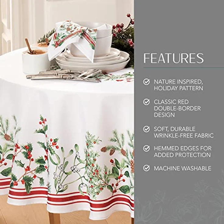 Elrene Home Fashions Winterferien-Tischdecke mit Beeren, dekorative Weihnachtstischdecke, 152,4x213,4 cm, oval, Mehrfarbig – Bild 5