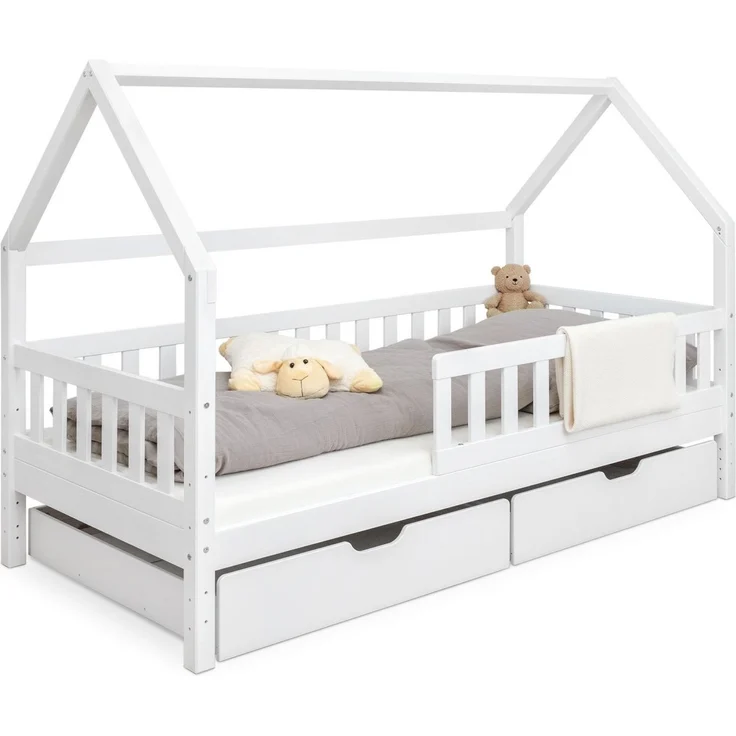 Ehrenkind Hausbett aus nachhaltigem Kiefernholz (mit abnehmbarem Rausfallschutz aus nachhaltigem Holz, Erhältlich in Natur und Weiß Kinderbett 80x160/90x200 cm), höhenverstellbar, nachhaltiges Kiefernholz, hergestellt in Europa – Bild 1